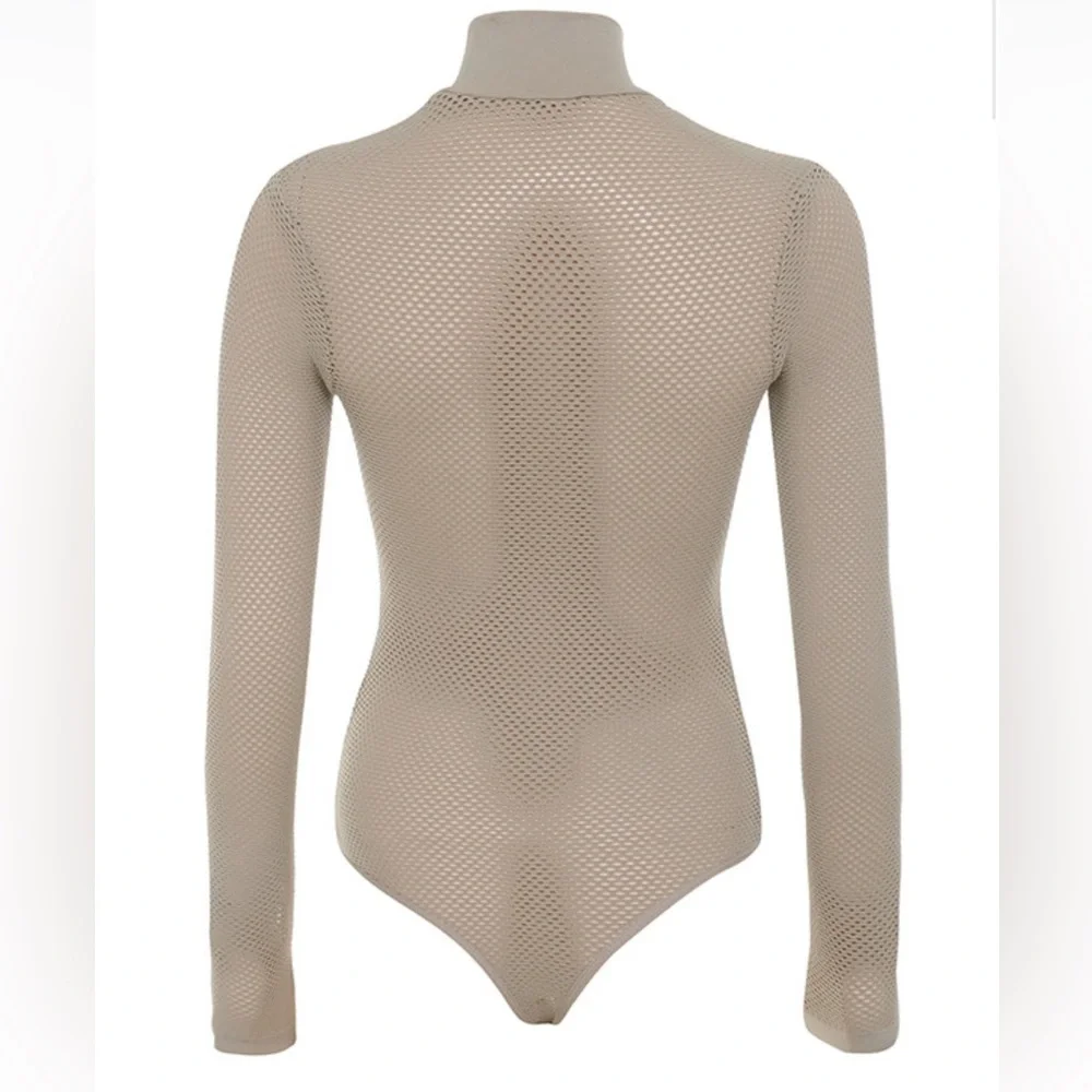 HOUSE OF CB Shadow Mocha Tan Knitted Stretch Mesh Bodysuit Long Sleeve M/L NEW_2